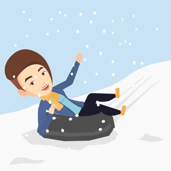Woman sledding on snow rubber tube in mountains. — Stock Vector