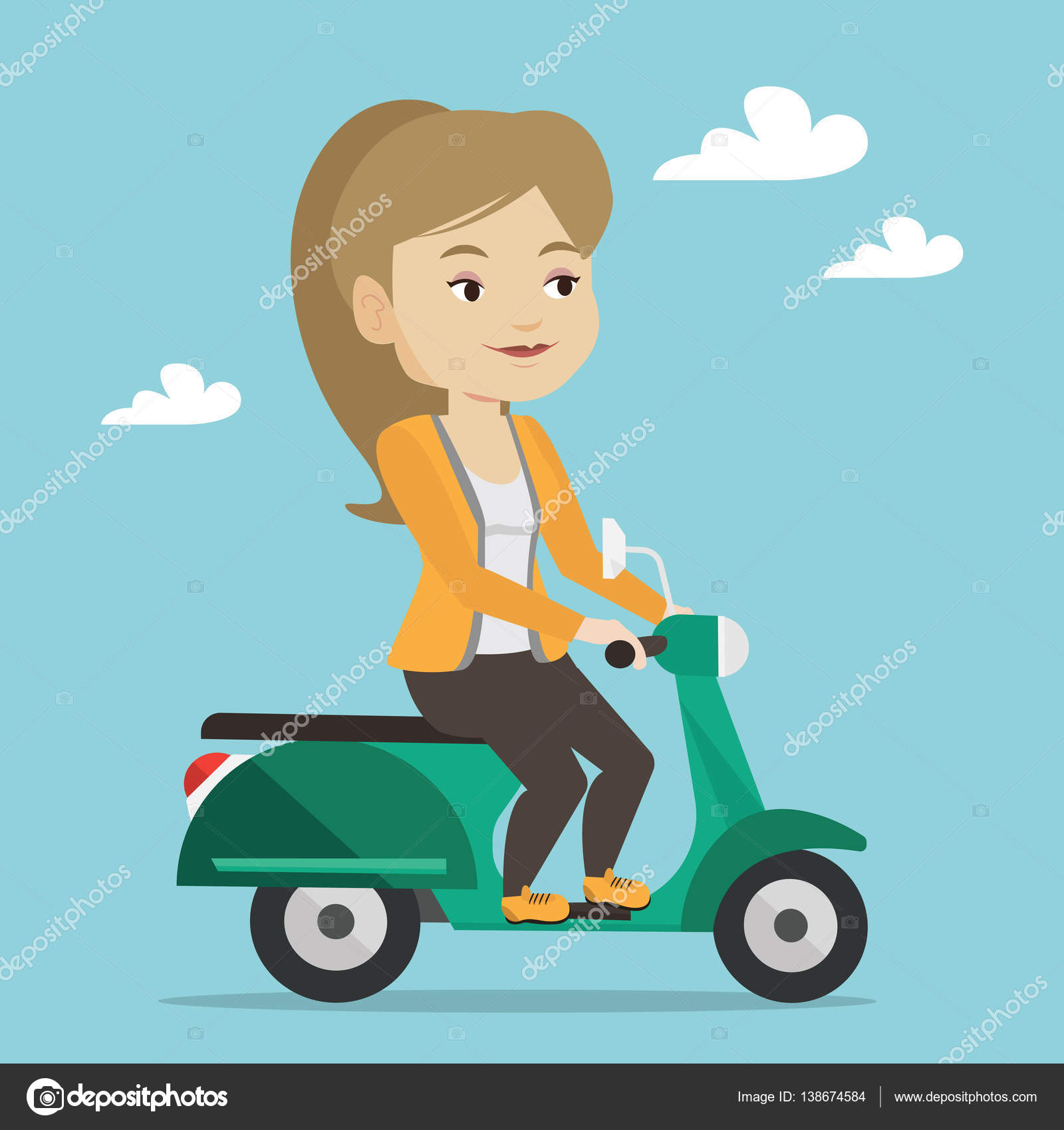 Векторная Иллюстрация Женщины На Скутере. Векторное Изображение.