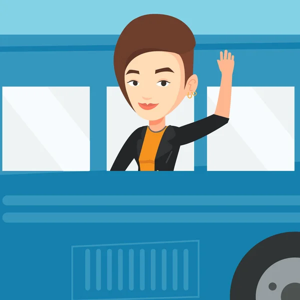 Woman waving hand from bus window. — Stock Vector