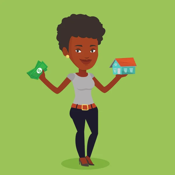 Γυναίκα Αγοράζοντας σπίτι χάρη στο δάνειο. — Διανυσματικό Αρχείο