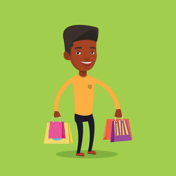 ショッピング バッグのベクトル図と幸せな男. — ストックベクタ