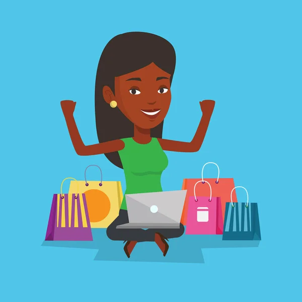 Mujer compras ilustración vector en línea . — Vector de stock