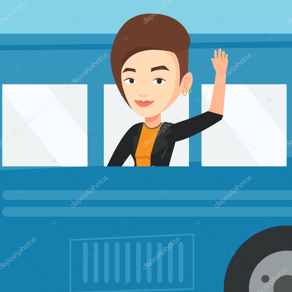 Woman waving hand from bus window.