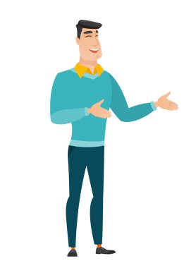 Genç Beyaz mutlu işadamı el hareketi.