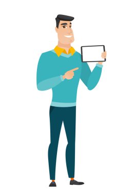 Smiling businessman holding tablet computer.