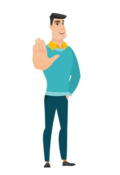 Caucasian business man showing palm hand. — Stock Vector