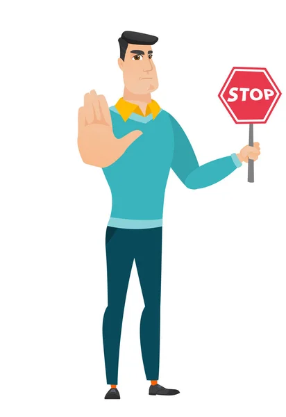 Hombre de negocios caucásico sosteniendo señal de stop road . — Archivo Imágenes Vectoriales