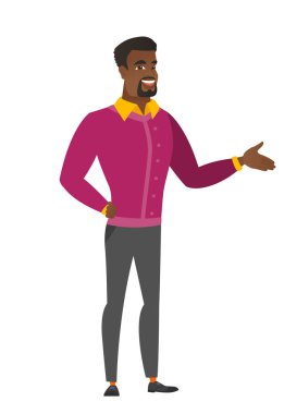 İş adamı kolundan dışarı hoş bir jest ile.