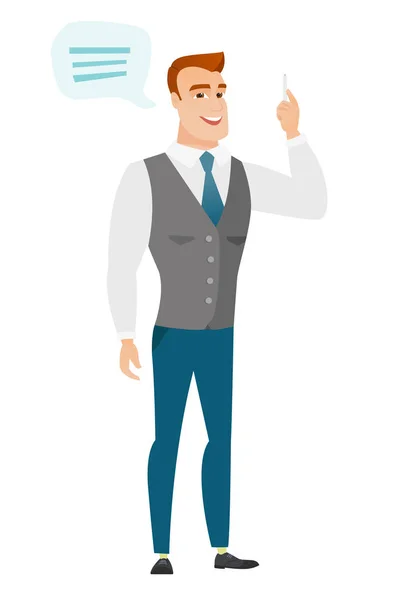 Young caucasian businessman with speech bubble. — Stock Vector