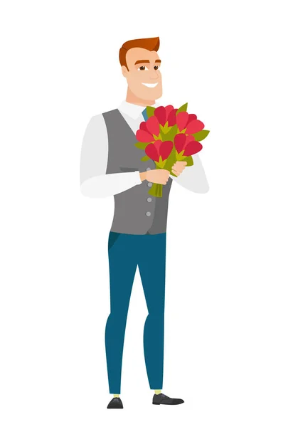 Homem de negócios caucasiano segurando um buquê de flores — Vetor de Stock