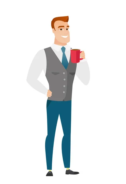 Joven hombre de negocios caucásico sosteniendo taza de café . — Archivo Imágenes Vectoriales