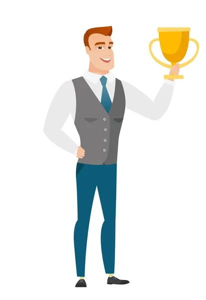 Caucasian business man holding a trophy. — Stock Vector