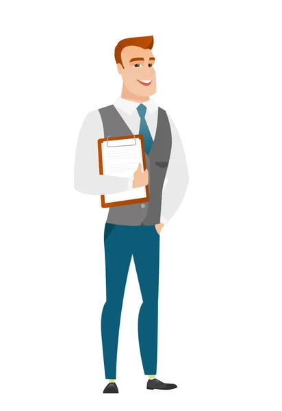 Businessman holding clipboard with papers. — Stock Vector
