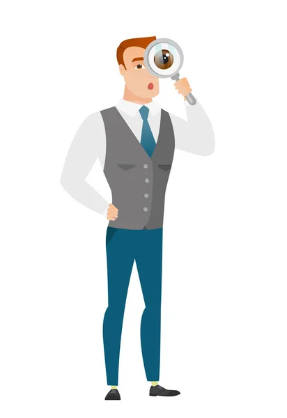 Caucasian businessman with magnifying glass. — Stock Vector