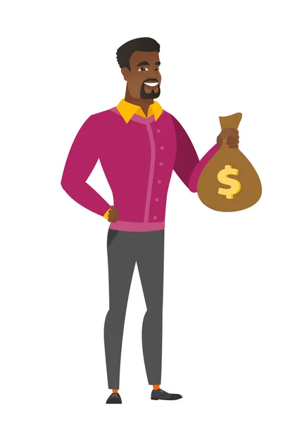 Uomo d'affari afro-americano che mostra la borsa dei soldi . — Vettoriale Stock