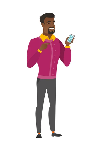 Homme d'affaires africain tenant un téléphone portable . — Image vectorielle