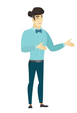 Genç Asyalı mutlu işadamı el hareketi.