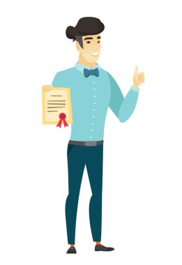 Bir sertifika tutan genç Asya iş adamı.