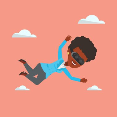 Gökyüzünde uçan vr kulaklık kadında.