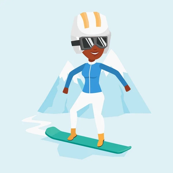 Wanita muda snowboarding Vector Illustration . - Stok Vektor