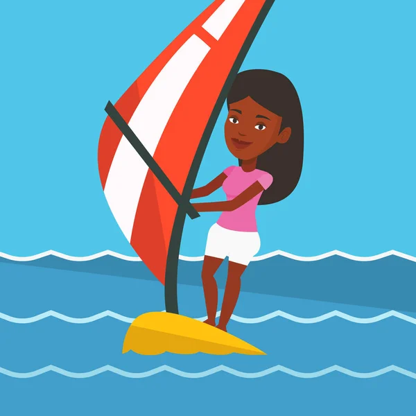Mujer joven windsurf en el mar . — Vector de stock