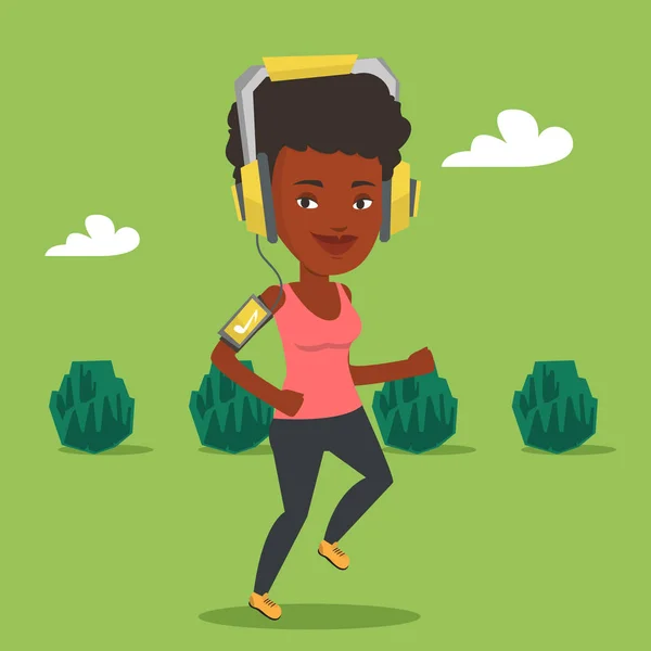 Mujer corriendo con auriculares y smartphone . — Vector de stock