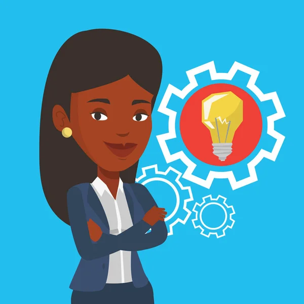 Vrouw met business idee lamp in de versnelling. — Stockvector