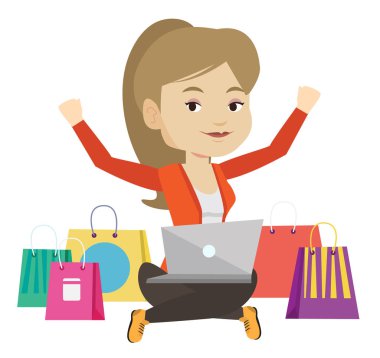 Kadın alışveriş online vektör çizim.