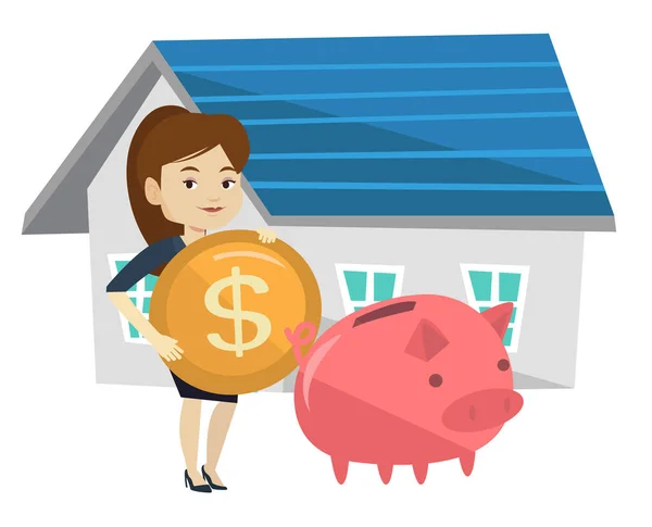 Frau legt Geld in Sparschwein für Hauskauf. — Stockvektor
