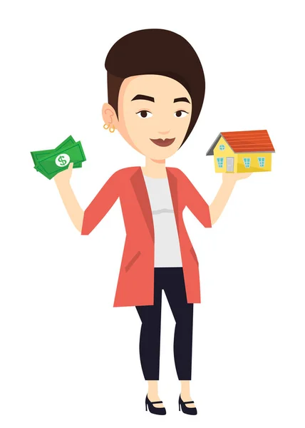 Жінка купує будинок завдяки кредиту . — стоковий вектор