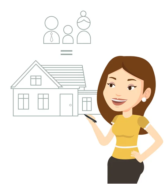 Jeune femme dessinant sa maison familiale . — Image vectorielle