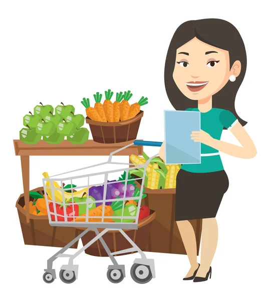 Mulher com lista de compras ilustração vetorial . — Vetor de Stock