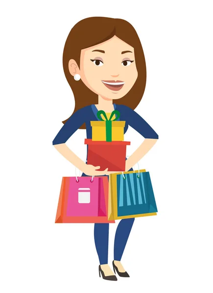 Mulher feliz segurando sacos de compras e caixas de presente . — Vetor de Stock