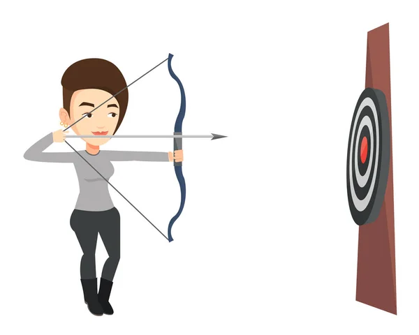 Archer apuntando con arco y flecha al blanco . — Vector de stock