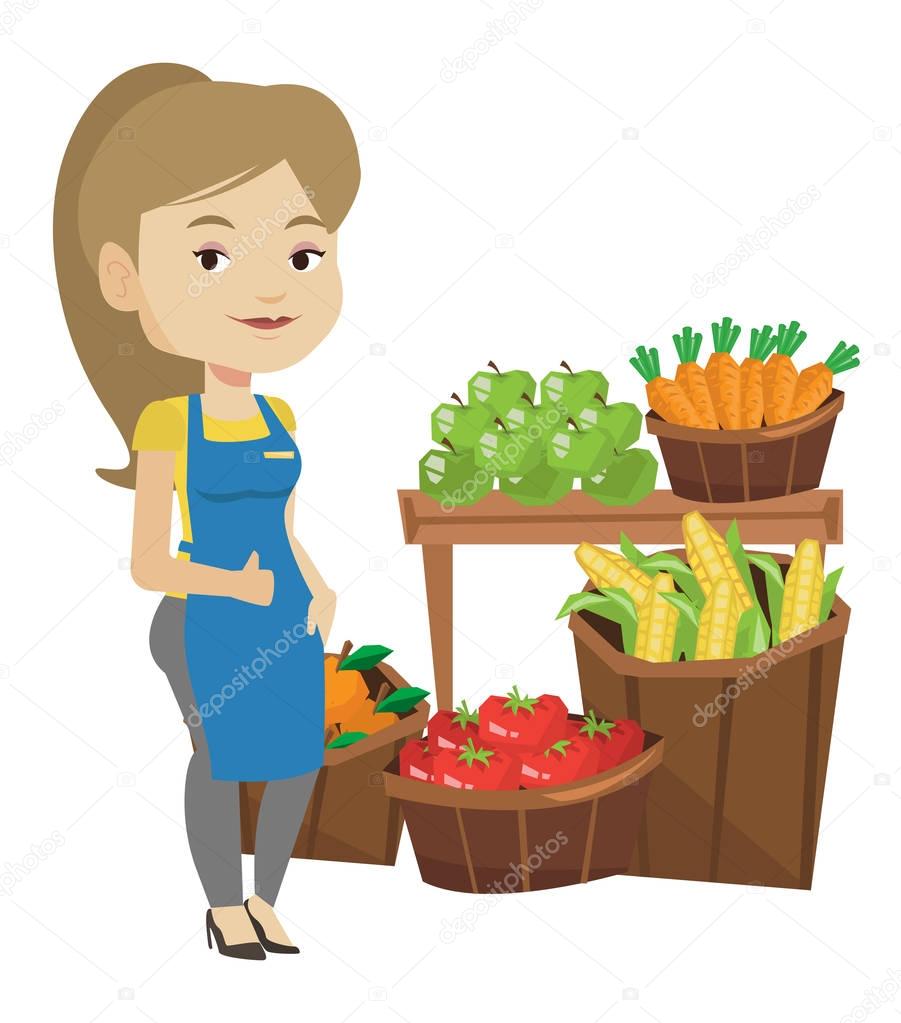 Friendly supermarket worker vector illustration.