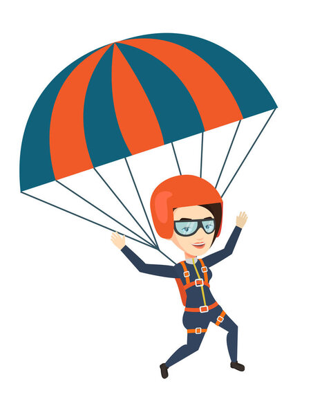 Young happy woman flying with parachute.