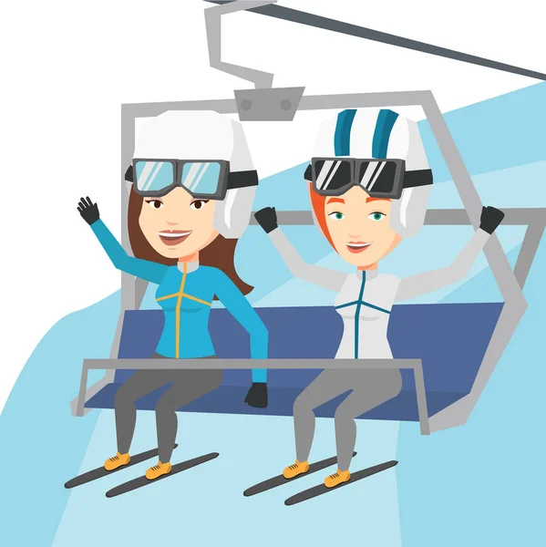 Two happy skiers using cableway at ski resort. — Stock Vector