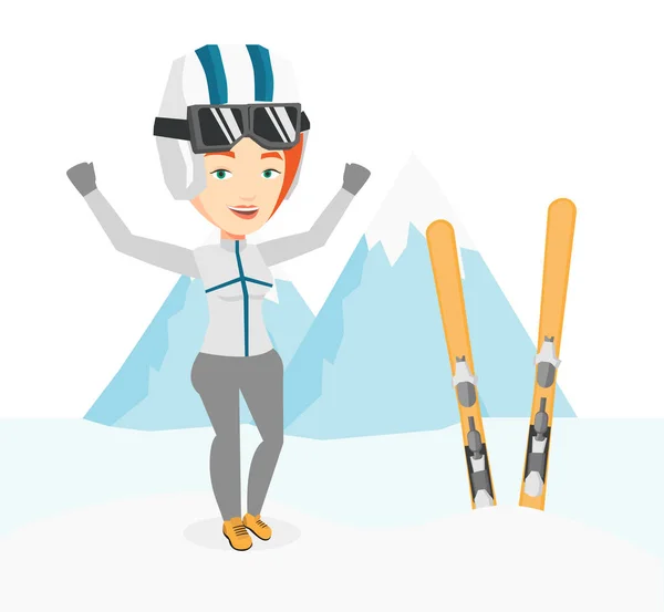 Esquiador alegre de pie con las manos levantadas . — Vector de stock