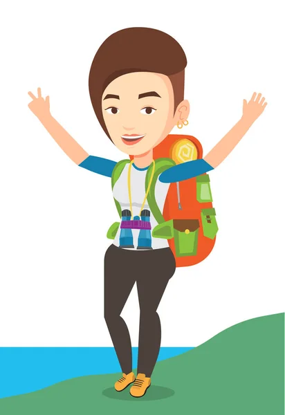 Backpacker with her hands up enjoying the scenery. — Stock Vector