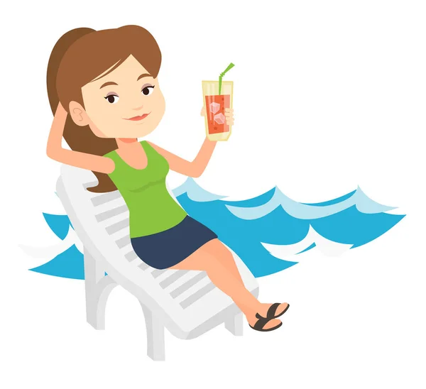 Mujer relajante en la playa silla vector ilustración . — Vector de stock