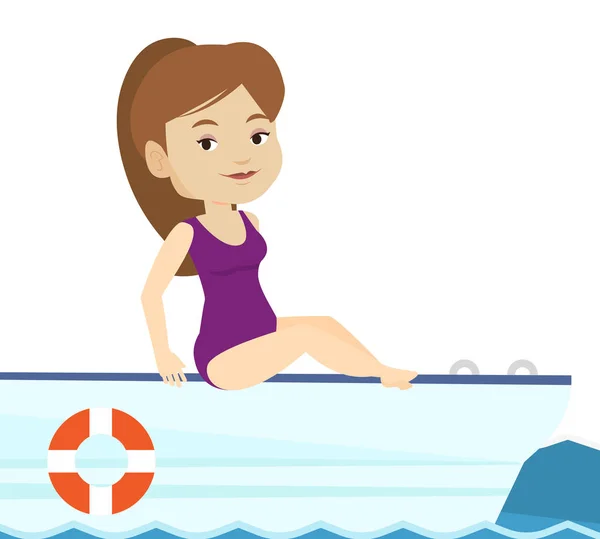 Junge glückliche Frau bräunt sich auf Segelboot. — Stockvektor