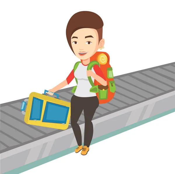 Femme ramassant valise sur bande transporteuse à bagages — Image vectorielle