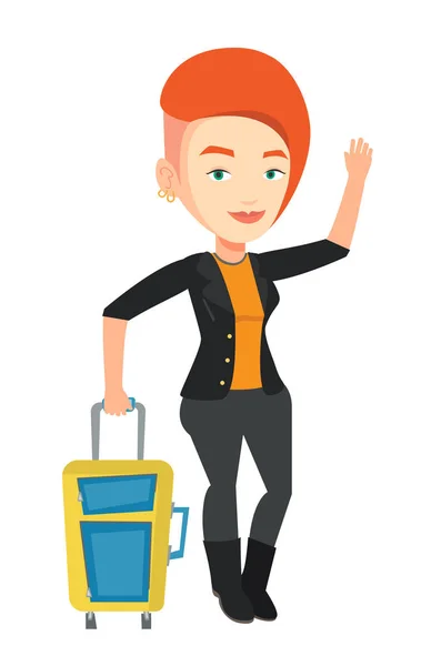 Young woman hitchhiking vector illustration. — Stock Vector