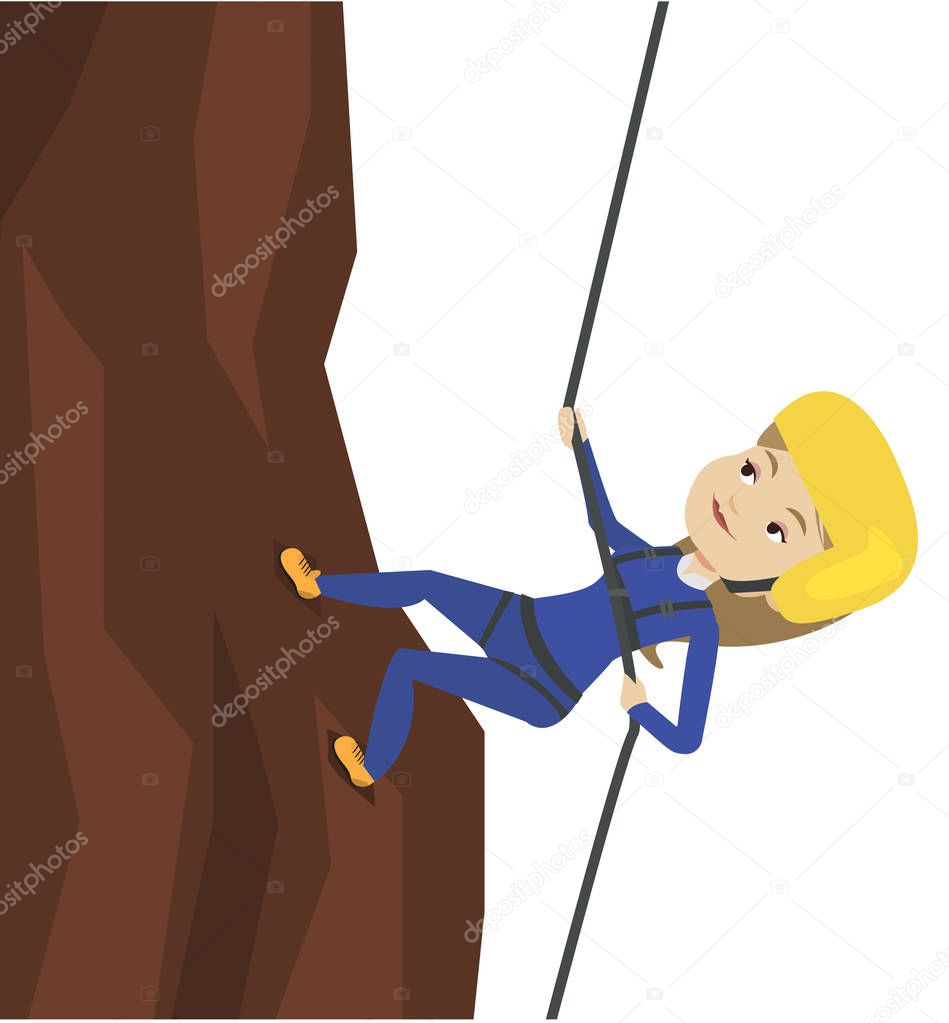 Woman climbing in mountains with rope.