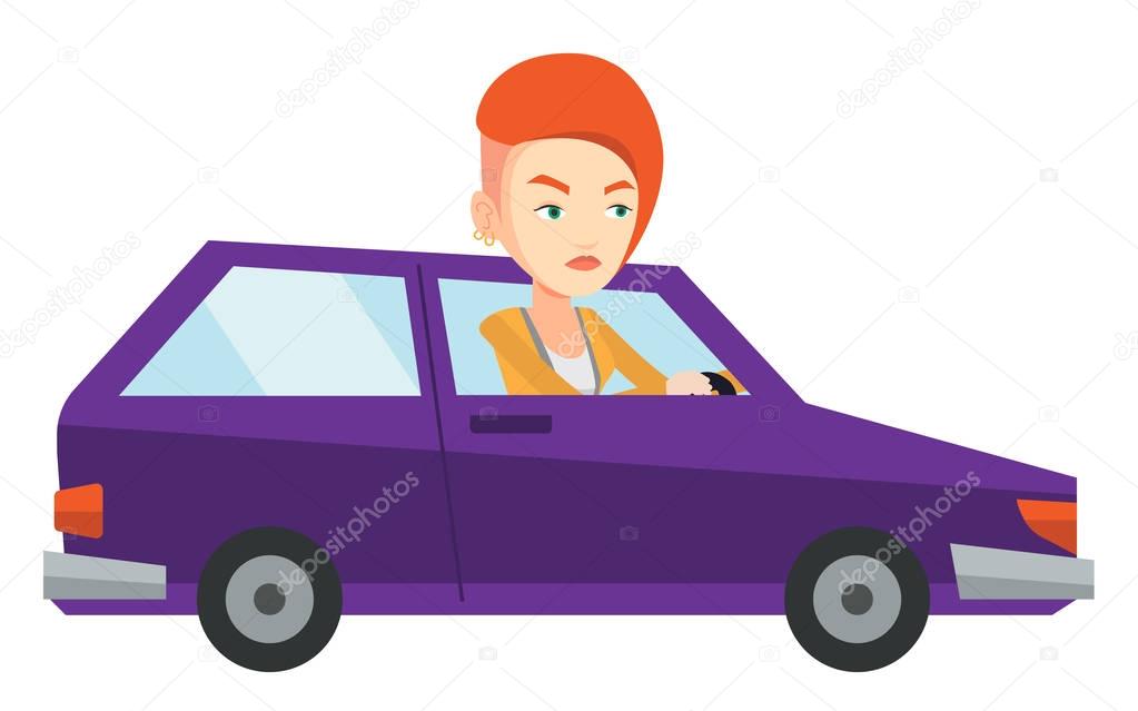 Angry caucasian woman in car stuck in traffic jam.