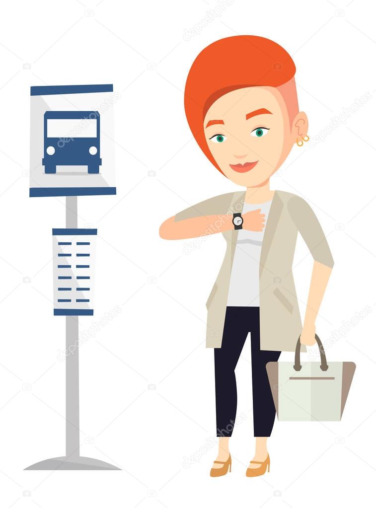 Woman waiting at the bus stop vector illustration.