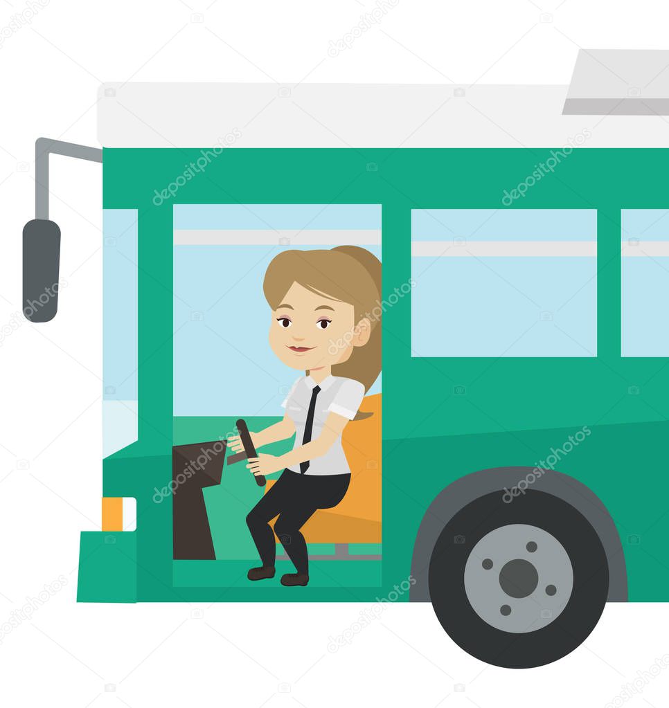 Caucasian bus driver sitting at steering wheel.