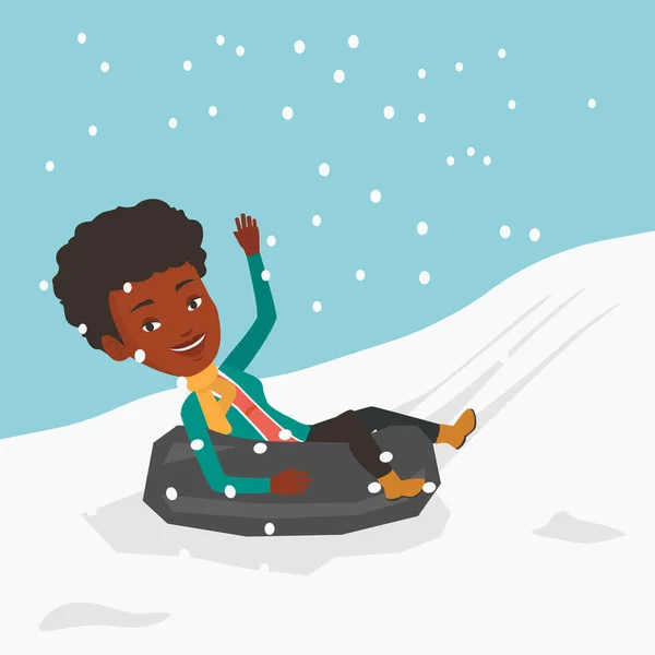 Vrouw rodelen op sneeuw rubber tube in Bergen. — Stockvector