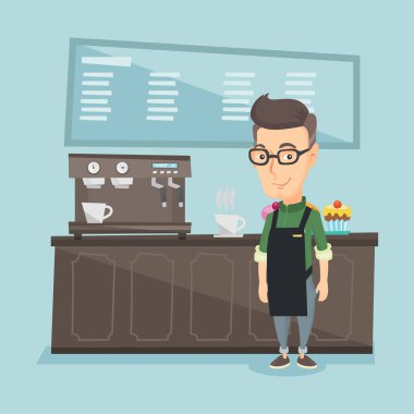 Barista ayakta yakınındaki kahve makinesi.