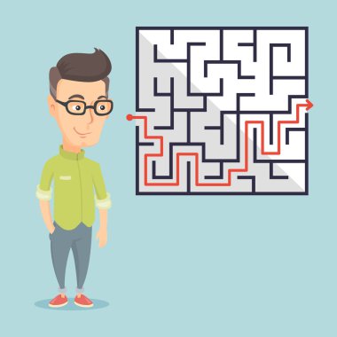 Labirent çözüm arayan iş adamı.